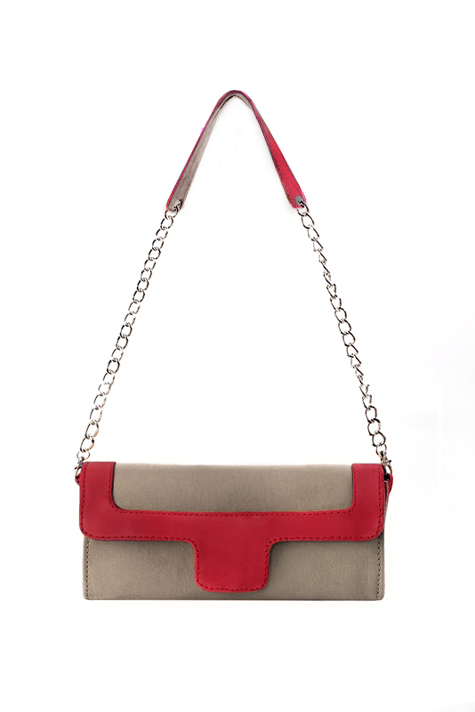 Women's taupe brown and cardinal red luxurious elegant clutch for ceremonies, weddings and evenings out. - Top view